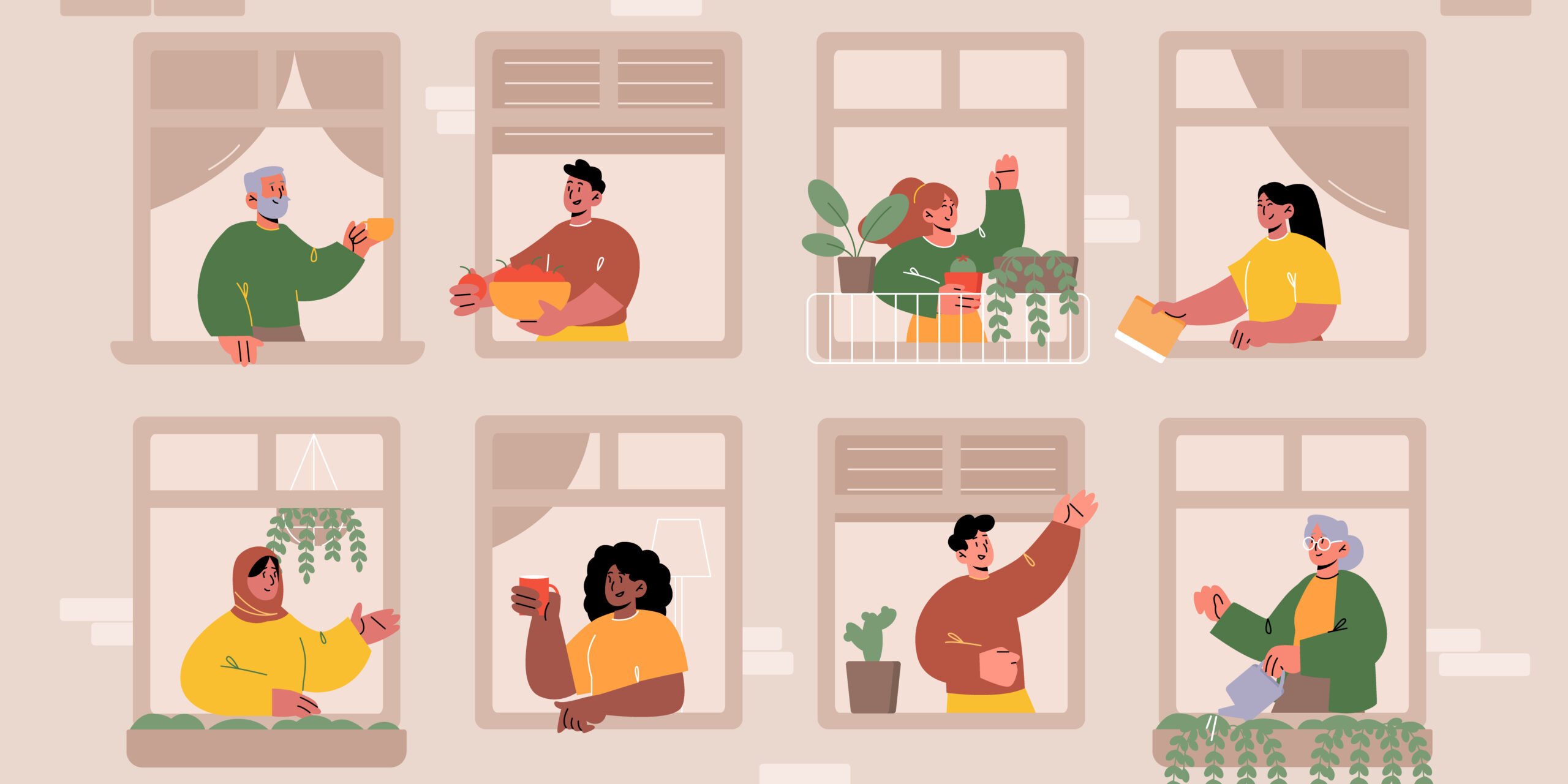 People in windows, friendly neighbors communicate